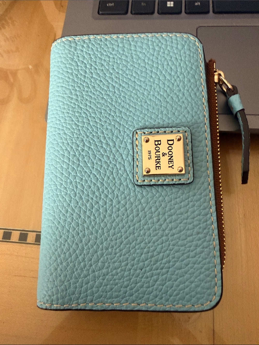 Dooney & Bourke Aqua Pebbled Leather Wallet with Gold Plate - Picture 5 of 5